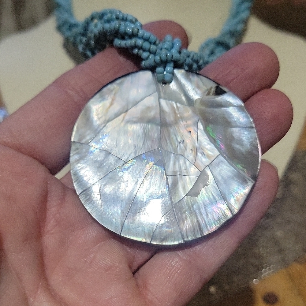 Blue Beaded Necklace with Shell Pendant  19" - Picture 2 of 4